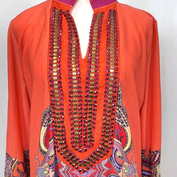 Calessa V neck embellished long sleeve dress tunic orange womens L - Picture 2 of 11